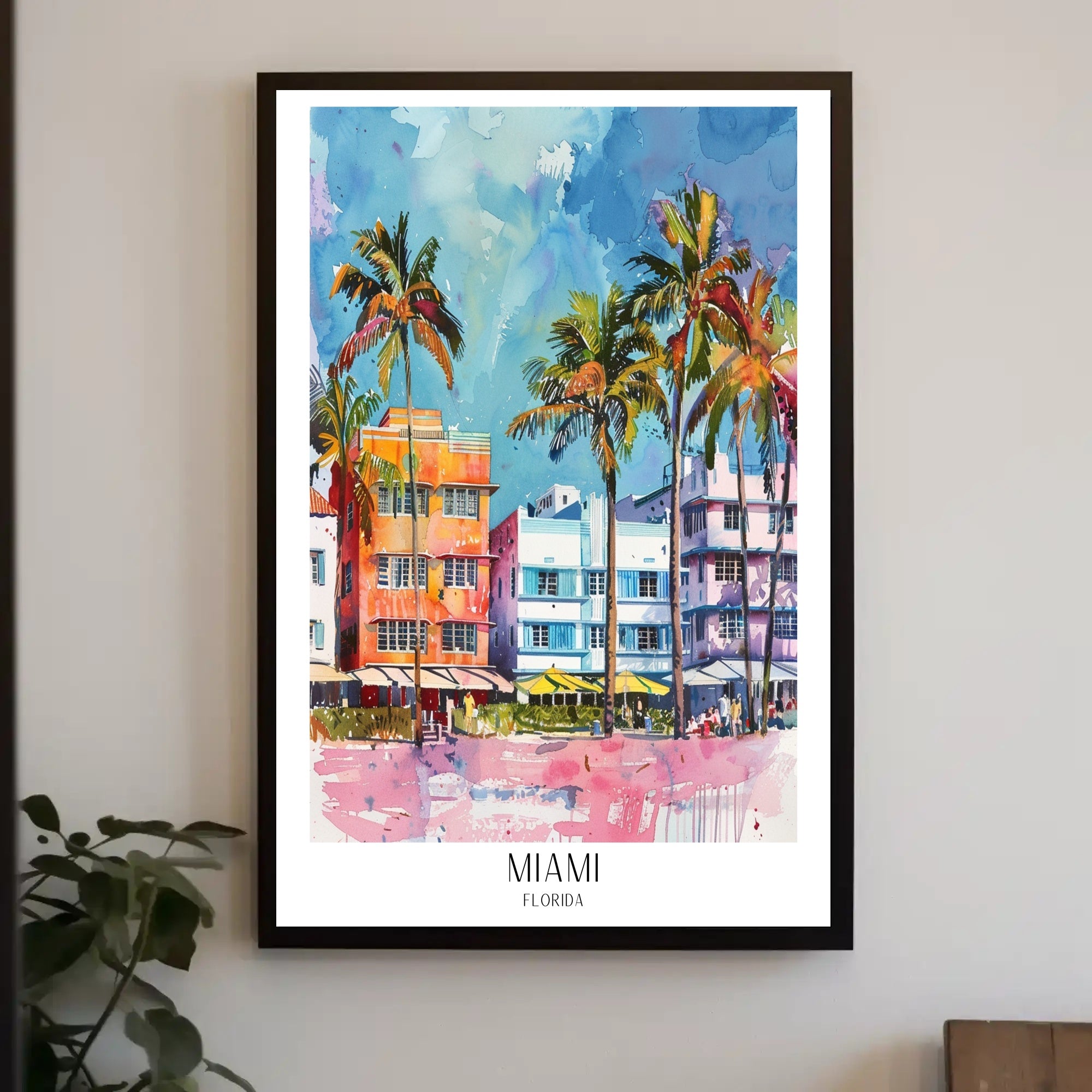 Miami Art Deco Street Scene Vibrant Travel Poster