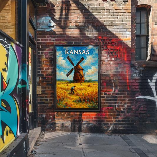 Kansas Windmill Wheat Field Harvest Painting Poster Poster