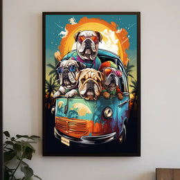 Whimsical Bulldogs in Retro Van Art Poster