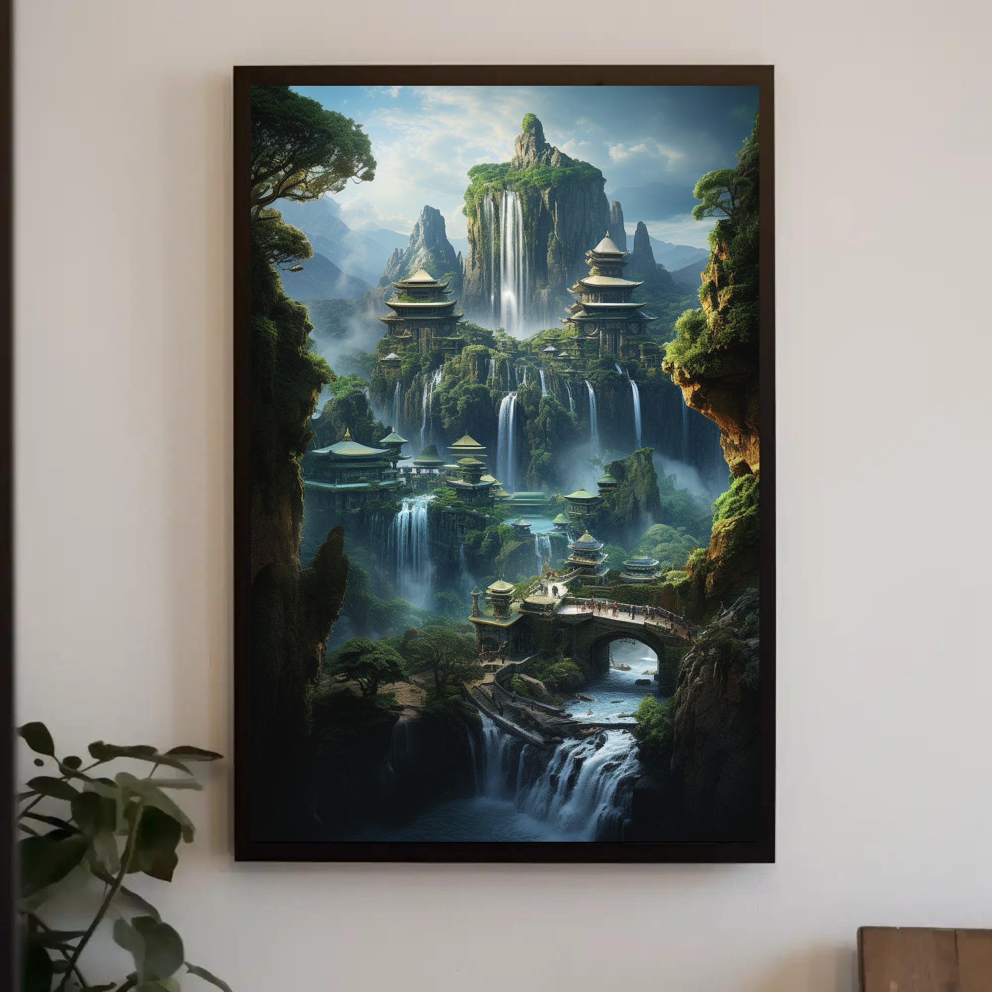 Fantasy Landscape with Pagodas and Waterfalls – Artistic Poster