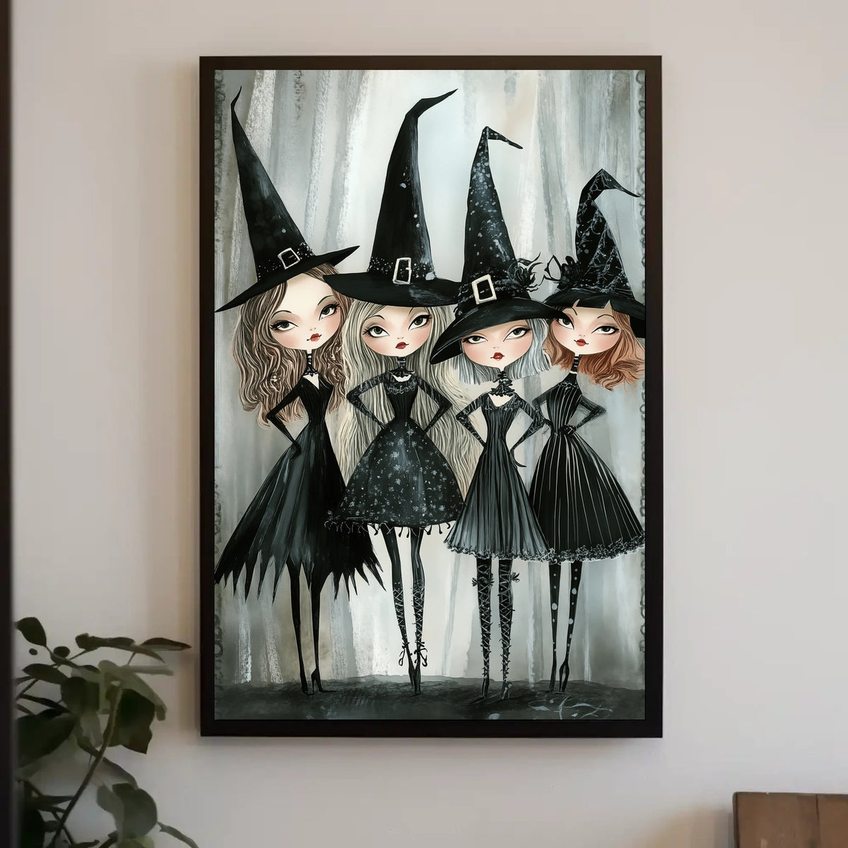 Stylized Witches Whimsical Gothic Monochromatic Poster
