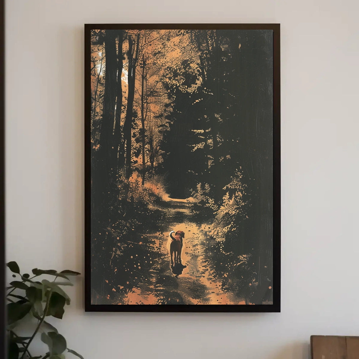 Serene Woodland Walk with Dog Autumn Poster