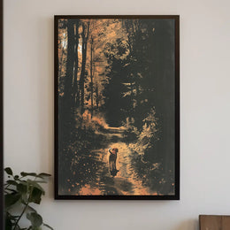 Serene Woodland Walk with Dog Autumn Poster