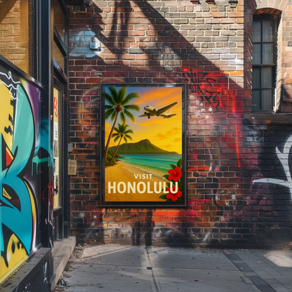 Visit Honolulu Hawaii Vintage Plane Palm Beach Travel Poster