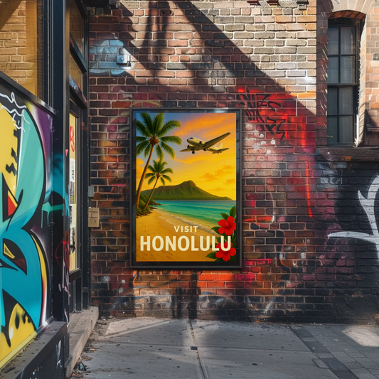 Visit Honolulu Hawaii Vintage Plane Palm Beach Travel Poster
