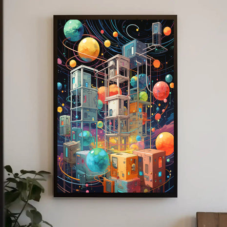 Futuristic Space Adventure Art Poster: Whimsical Sci-Fi Design