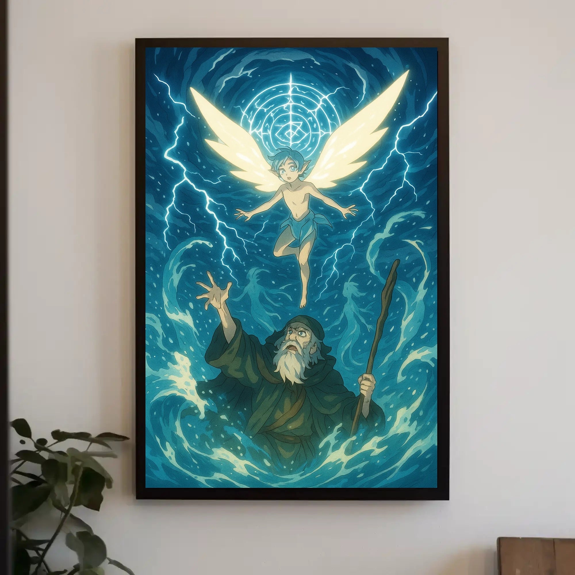 Winged Guardian in Ethereal Blue Fantasy or Mythology Poster