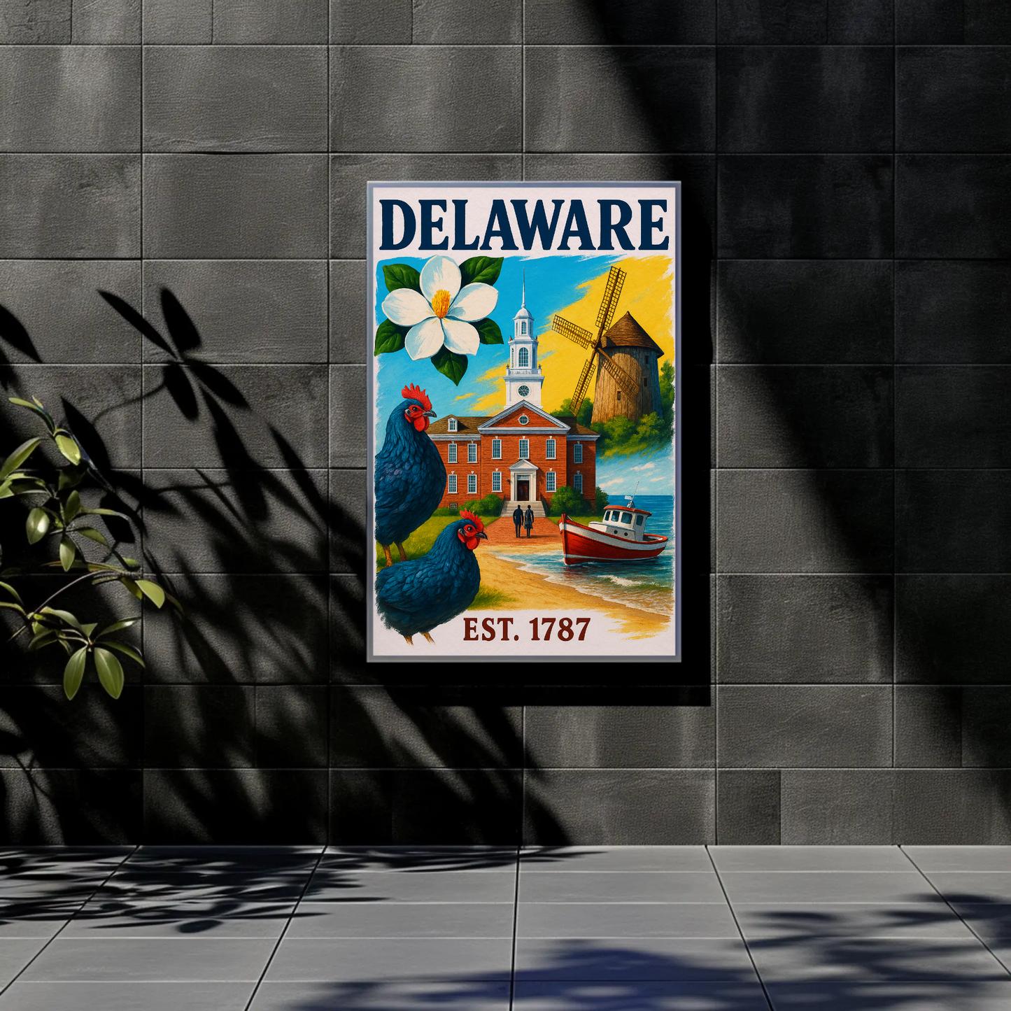 Delaware 1787 Poster With Windmill And Chickens Vintage Travel Poster