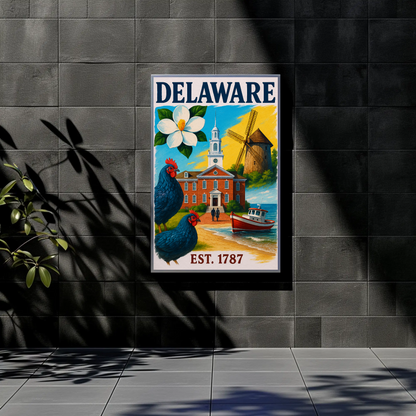 Delaware 1787 Poster With Windmill And Chickens Vintage Travel Poster