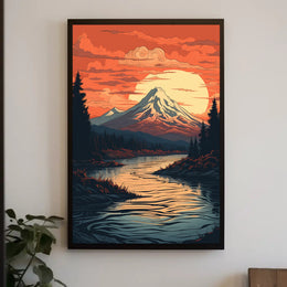 Mountains and River Scenic View Vintage Travel Poster