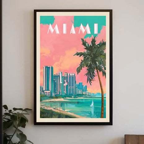 Miami Skyline Tropical Vibes Retro Travel Poster