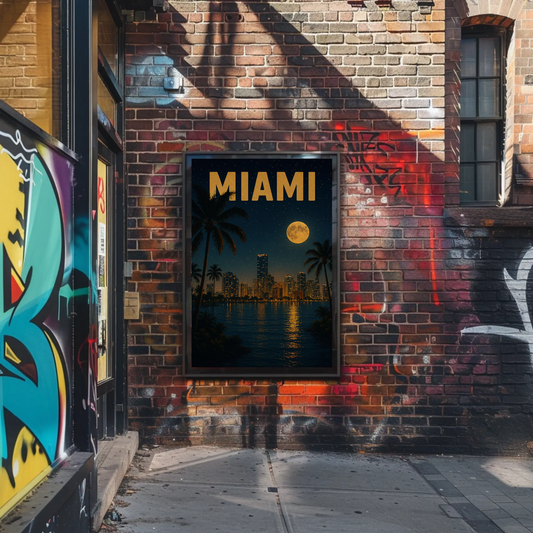 Miami Skyline At Night With Moon Travel Poster