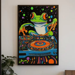 The poster is a vibrant and psychedelic illustration featuring a large, cartoonish frog Travel Poster