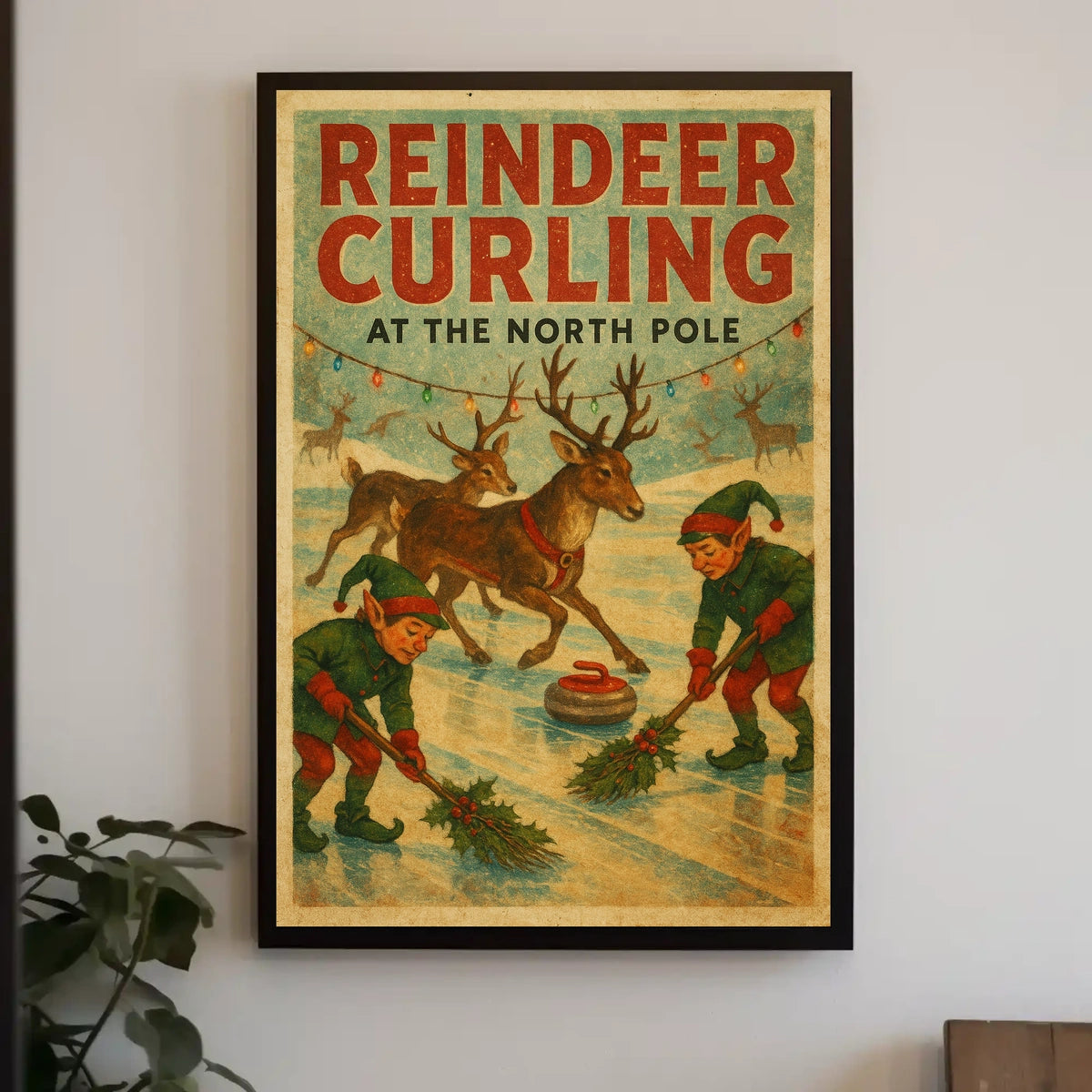 Reindeer Curling at the North Pole Poster