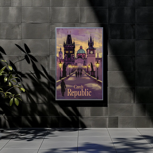 Czech Republic Prague Evening Bridge Vintage Travel Poster
