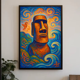 Moai Statue with Mystical Waves Abstract or Artistic Poster