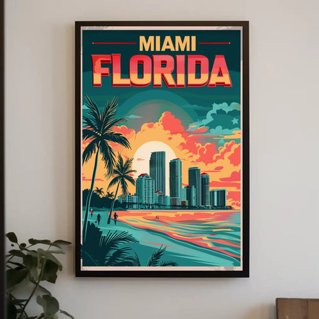 Miami Beachfront Skyline Retro Art Travel Poster