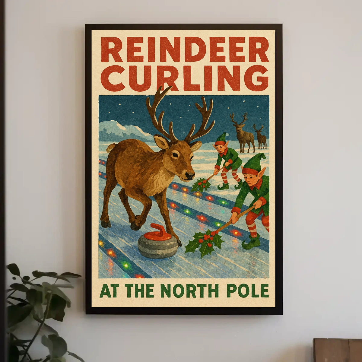 Reindeer Curling at the North Pole Poster
