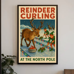 Reindeer Curling at the North Pole Poster