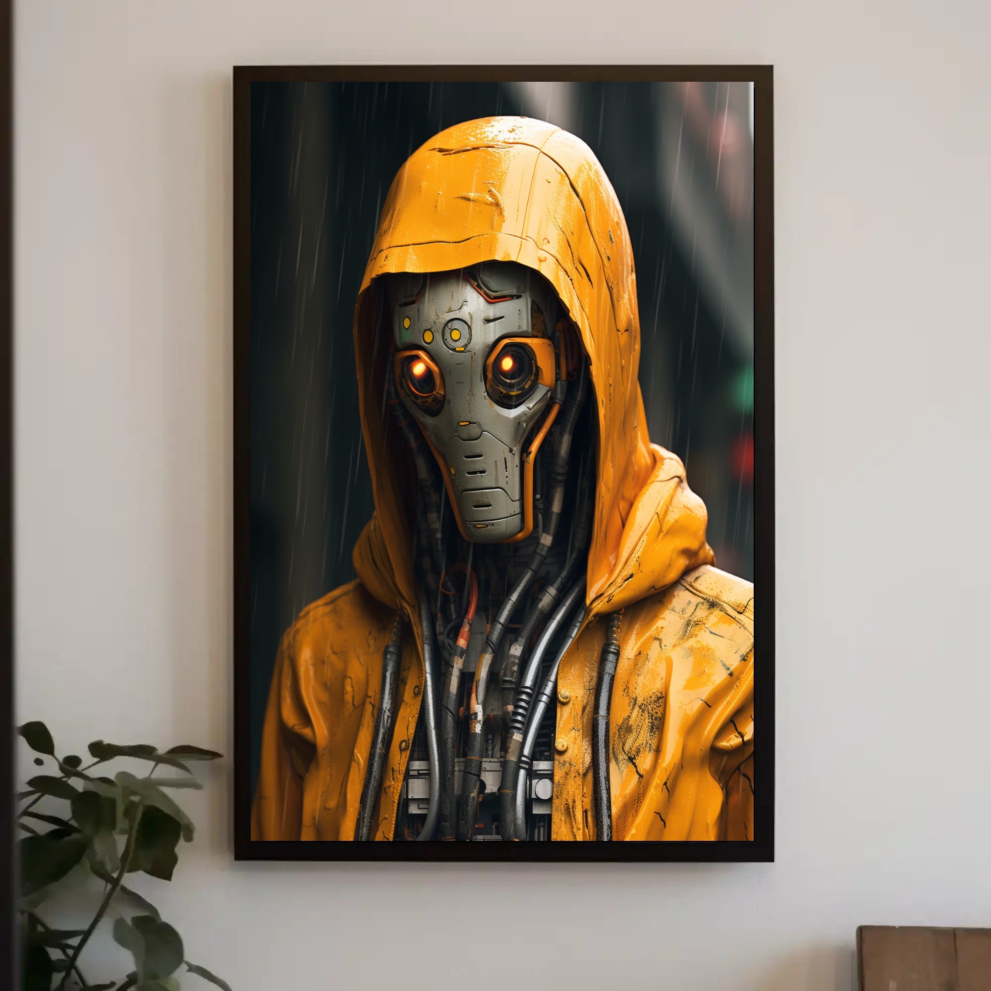 Cybernetic Sentinel In The Rain Poster PosterGoat