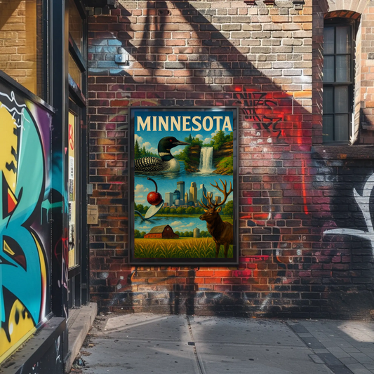 Minnesota Wildlife Farm Waterfall City Symbols Poster