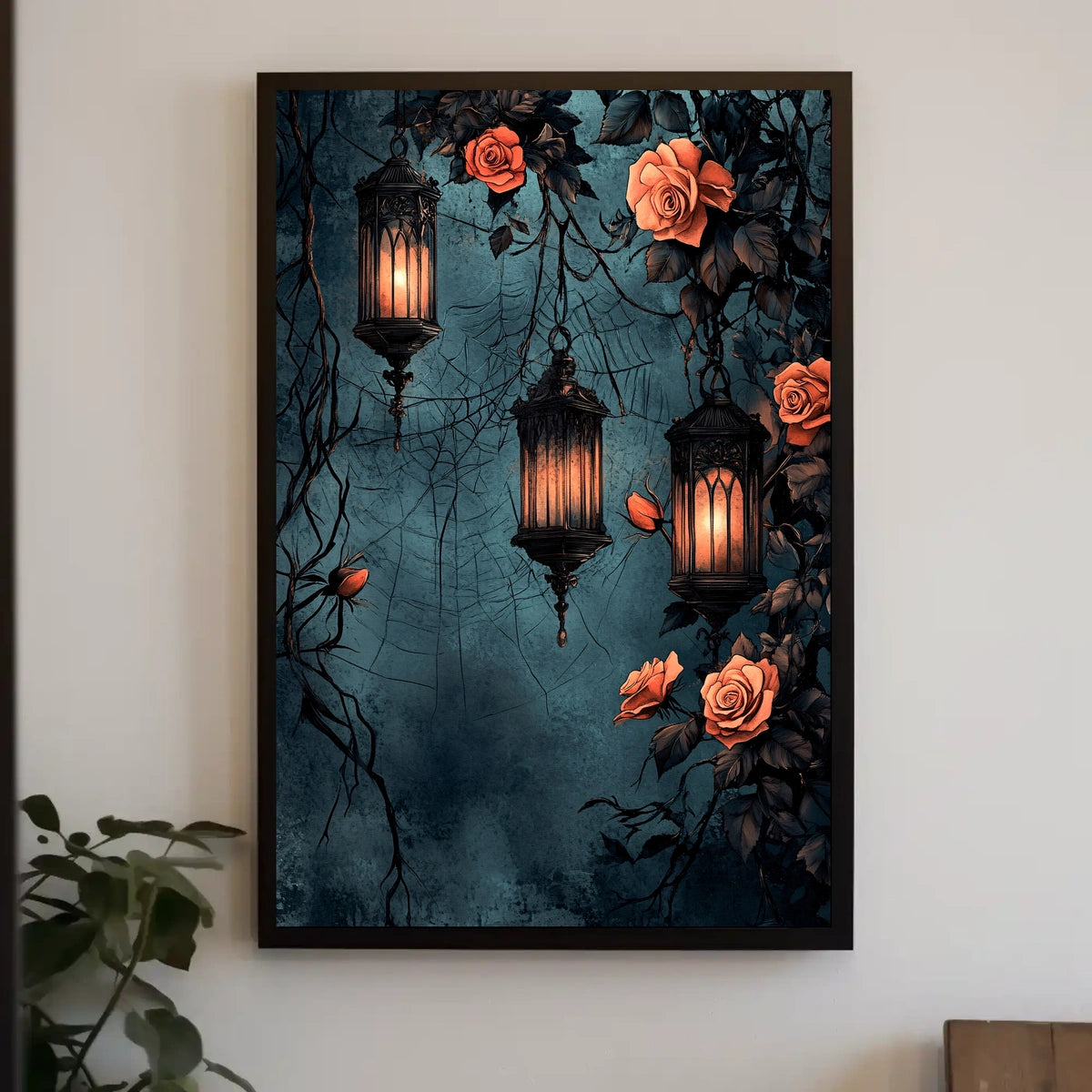 The poster displays a gothic and romantic theme. Three ornately designed lanterns emit Travel Poster