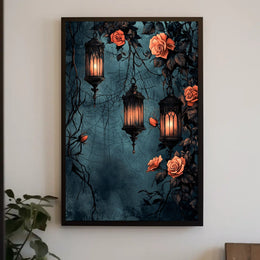 The poster displays a gothic and romantic theme. Three ornately designed lanterns emit Travel Poster