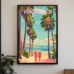 Venice Beach Vintage Travel Art with Palm Trees Scene Travel Poster