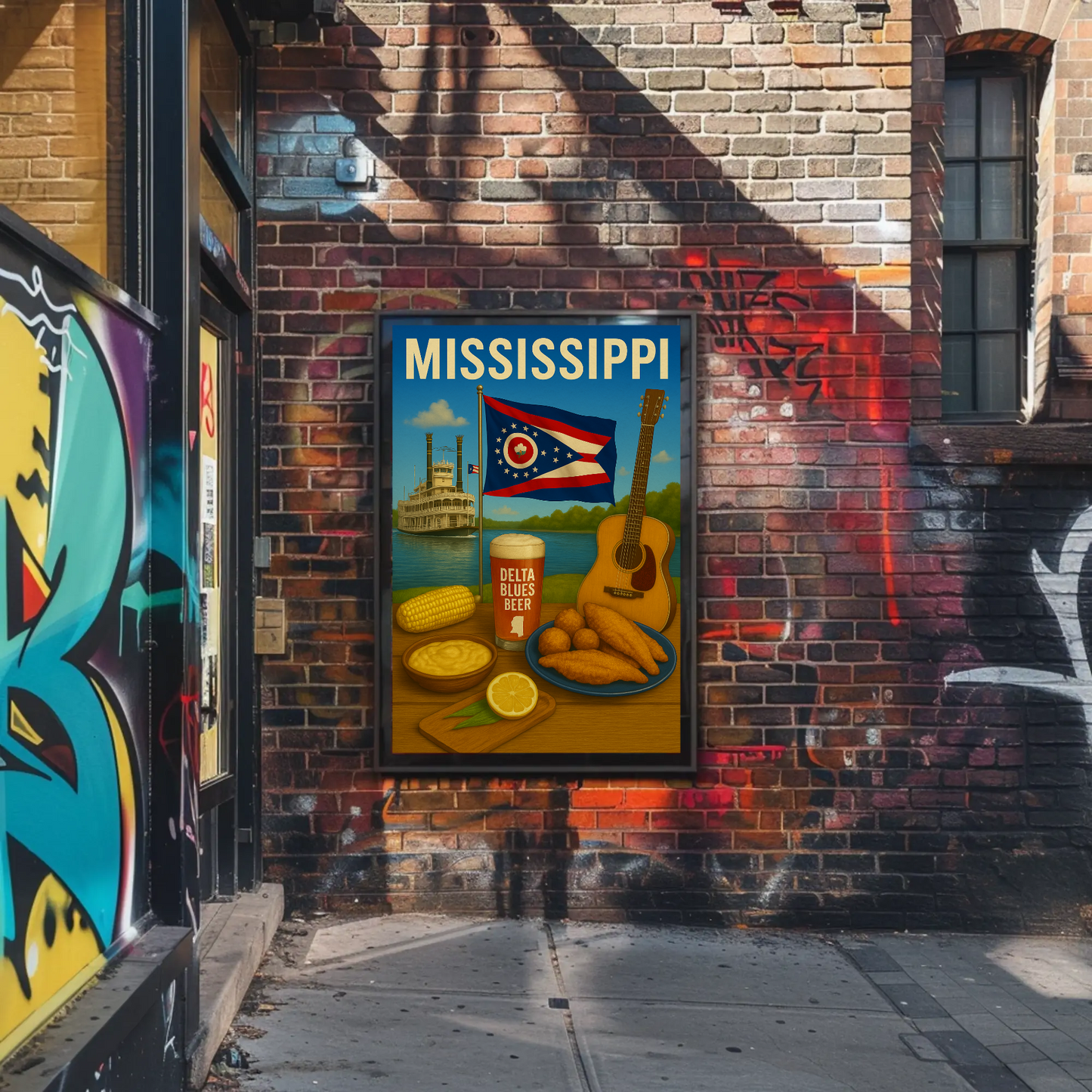 Mississippi River Guitar Beer Catfish Corn Flag Travel Poster
