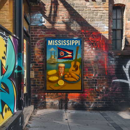 Mississippi River Guitar Beer Catfish Corn Flag Travel Poster