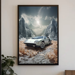 Retro Sports Car Adventure in Fantasy Landscape Futuristic Sci-Fi Poster