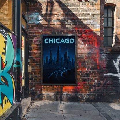 Chicago Futuristic Night Cityscape Blue Lights Travel Poster