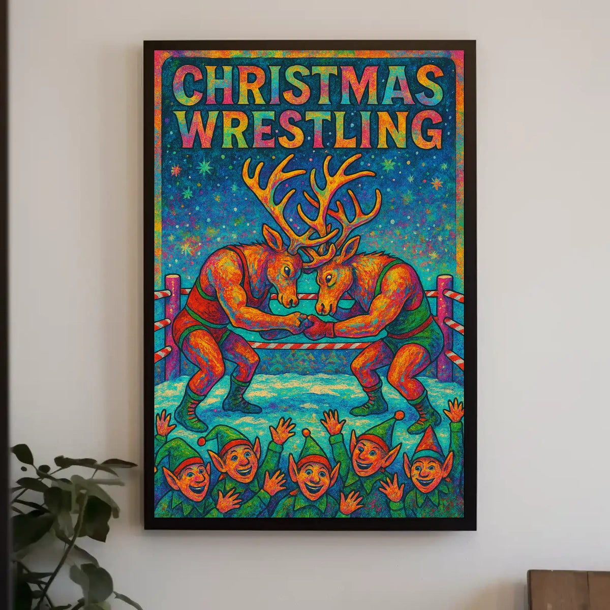 Reindeer Wrestling Festive Poster: Whimsical Holiday Art