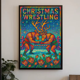 Reindeer Wrestling Festive Poster: Whimsical Holiday Art