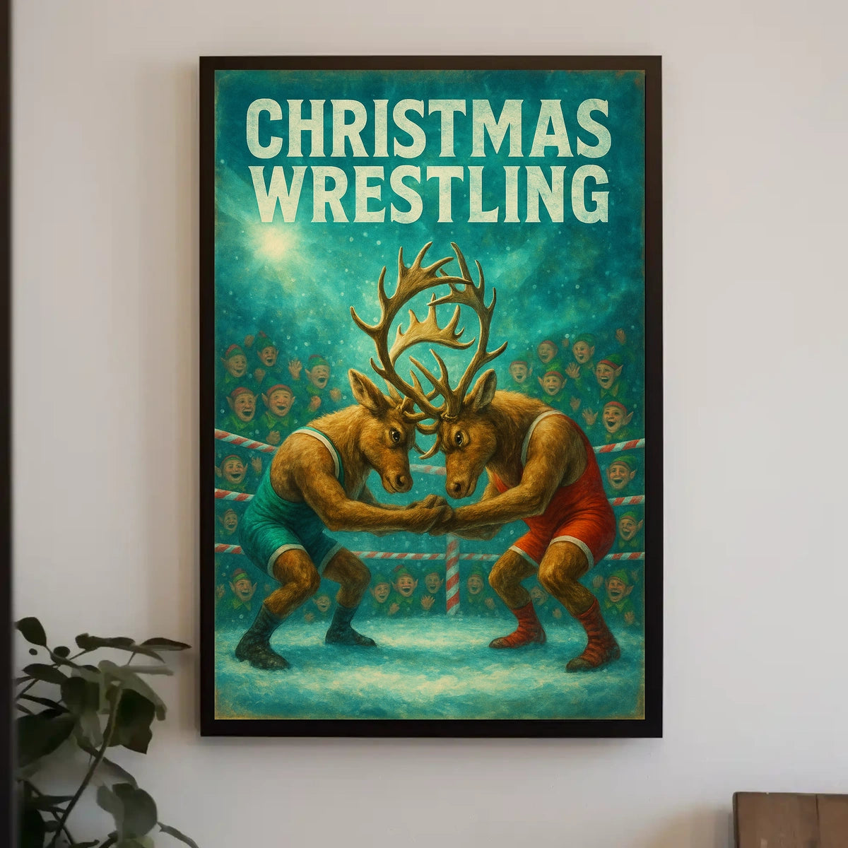 Whimsical Reindeer Wrestling Festive Christmas Sports Poster