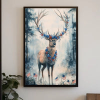 Deer With Antlers Adorned In Blue And Red Garland Poster