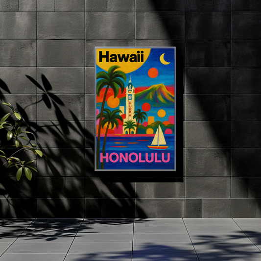 Honolulu Hawaii Skyline Retro Vintage Travel Poster