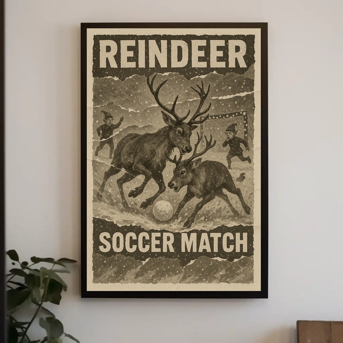 Reindeer Soccer Match Vintage Holiday Poster Print