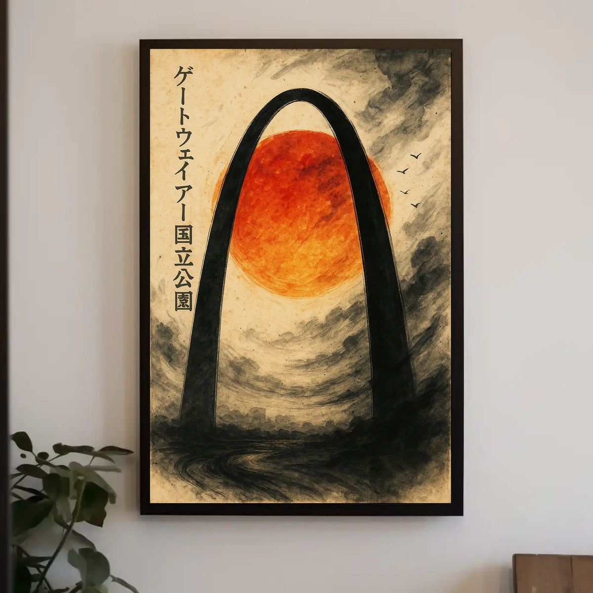 Stylized Arch and Red Sun Vintage Artistic Japanese Poster