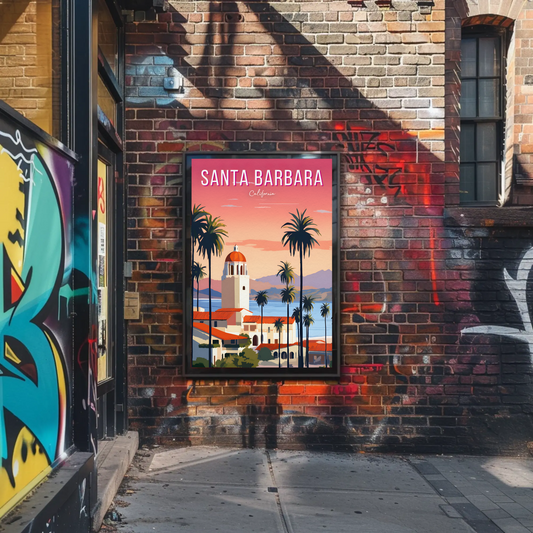 Santa Barbara California Palm Coast Sunset Travel Poster