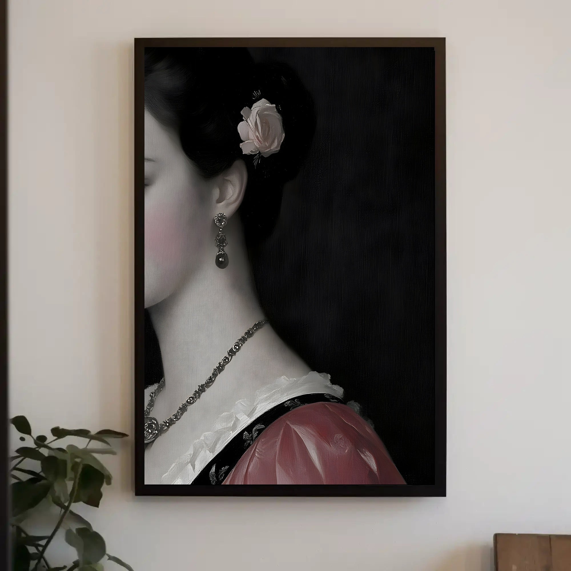 Elegant Portrait of Woman with Rose in Heritage Poster PosterGoat