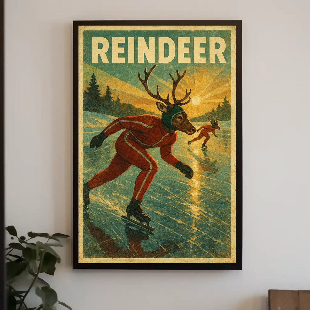 Surreal Reindeer Ice Skating Fantasy Artistic Poster