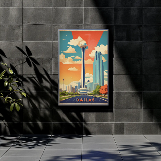 Dallas Texas Skyline Reunion Tower Vintage Travel Poster