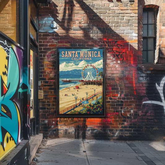 Santa Monica Pier Ferris Wheel Coastal Beach Travel Poster