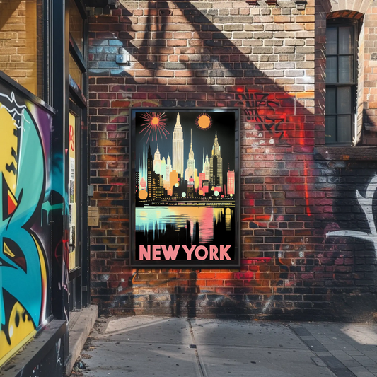 New York Night Skyline Neon Glow Lights Poster