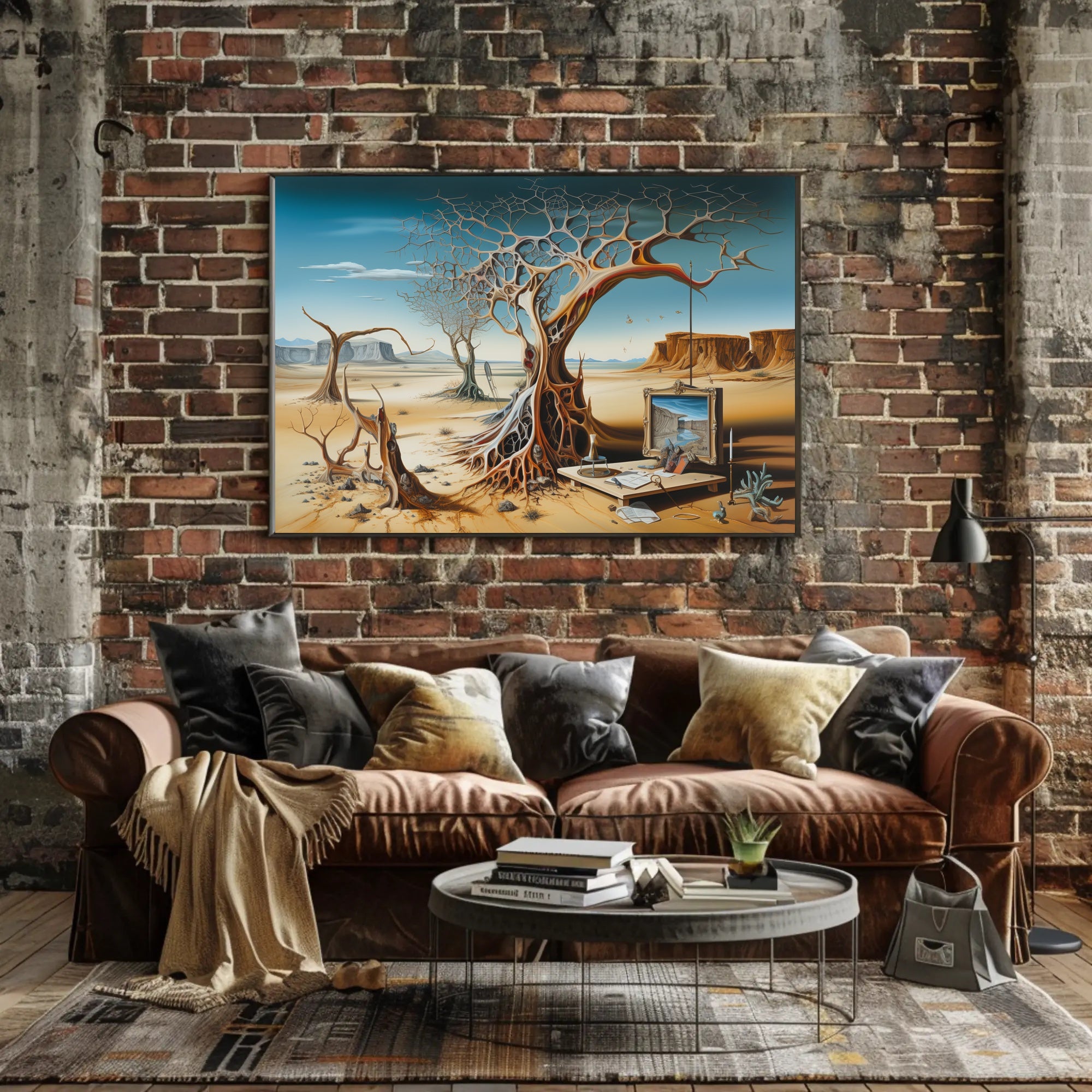 Surreal Desert Artwork with Abstract Tree: Artistic Poster