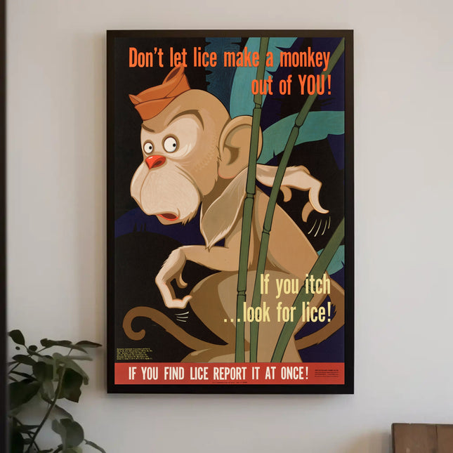 Vintage Cartoon Monkey Lice Prevention Educational Poster