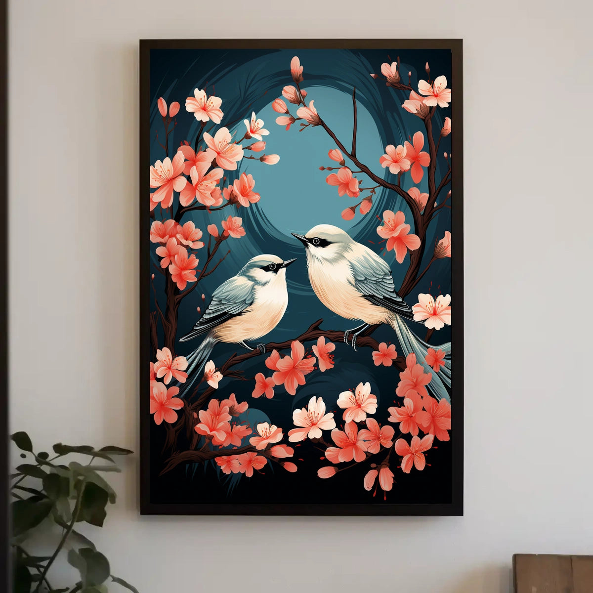 Serene Cherry Blossom Birds Art Poster Decor