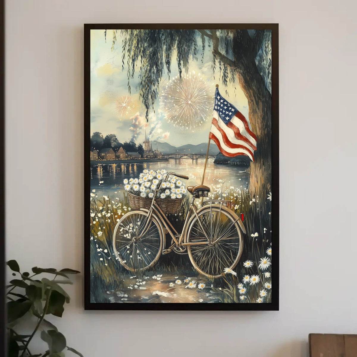 Vintage Sunset Bicycle Leaning Under A Willow Tree Poster