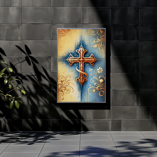 Gothic Blue Gold Cross Ornament Vintage Travel Poster